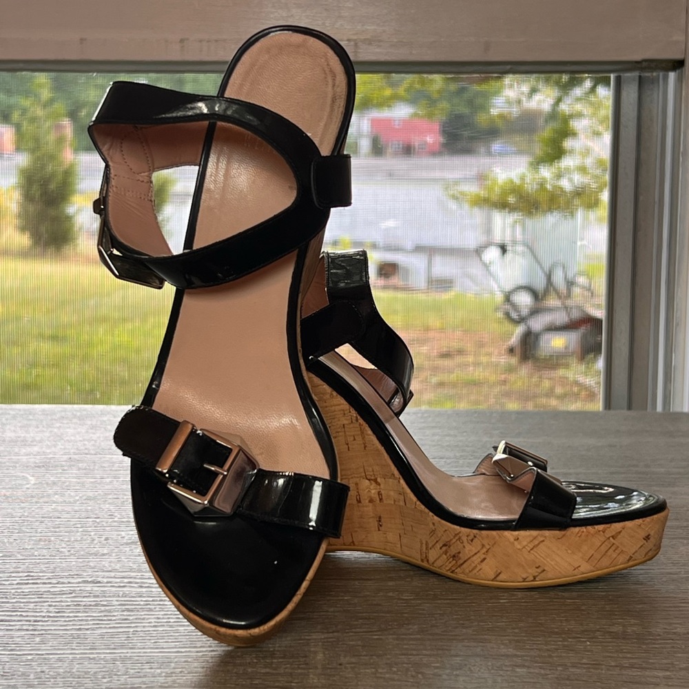SOLD 10/21 Stuart Weitzman Patent Leather Cork Wedge Sandals, Size 8